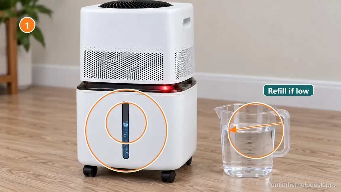 Instructional repair photo: the front water-level window and a refill pitcher are visible on the Superior 6000S.