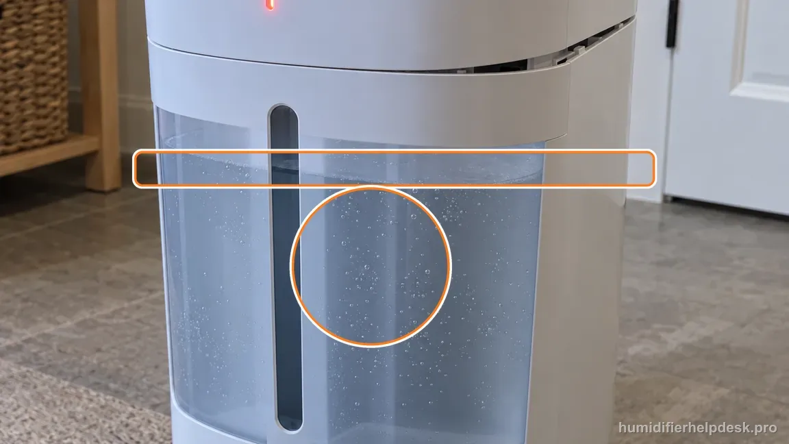 Instructional repair photo: the tank has water, but the top is visibly crooked and the red indicator is illuminated.