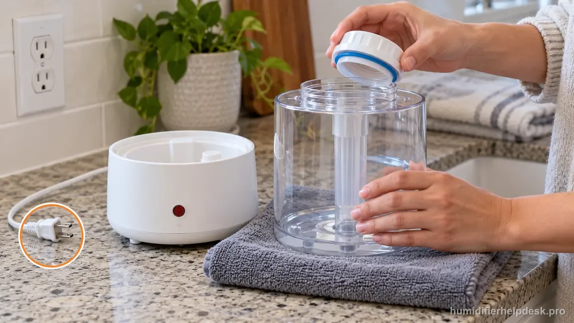 The PEHUMIDIF is switched off and unplugged before the tank cap is handled on the counter.