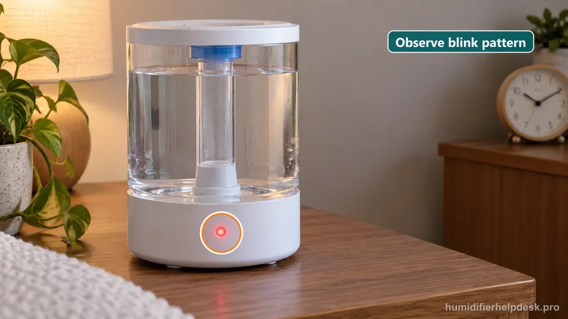 A full PEHUMIDIF tank shows its red indicator beside the instruction to observe whether the light flashes or stays steady.