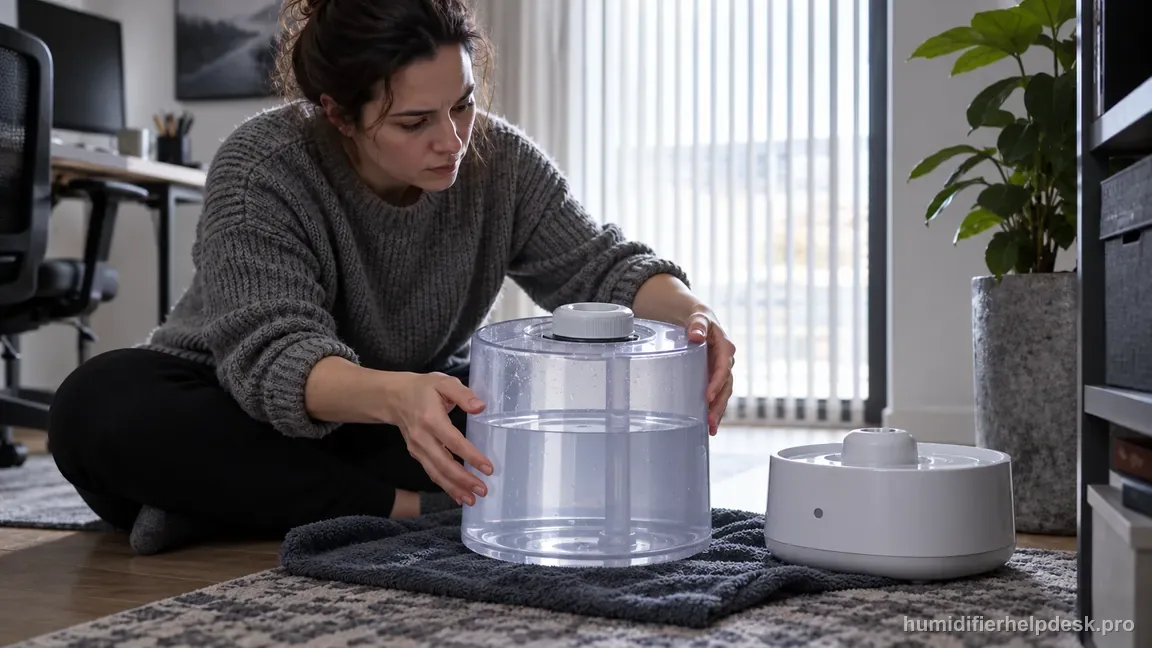 A person turns off the Pure Enrichment PEHUMIDIF, removes the clear tank, and keeps the loose cap separate before inspecting the blue seal.