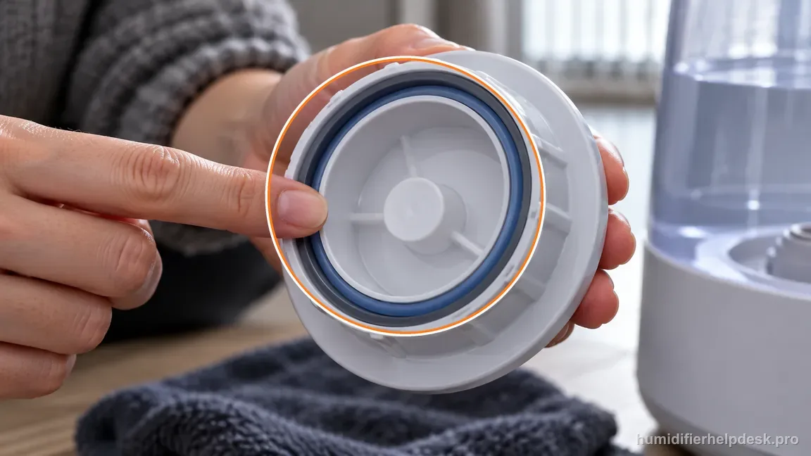A close view shows the PEHUMIDIF tank-cap underside and its continuous blue seal ring seated in the circular groove.