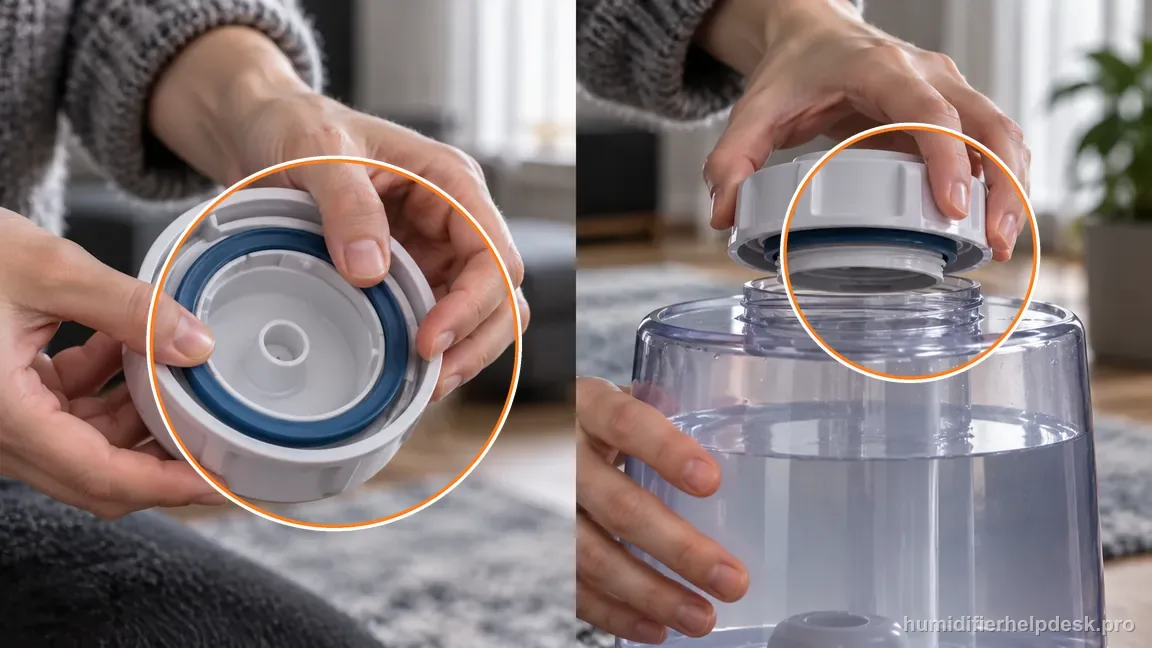 The blue seal ring is pressed evenly into the cap groove before the cap is lowered onto the clear tank neck.