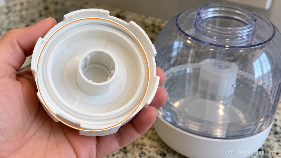 The underside of the PEHUMIDIF tank cap has an empty circular groove where the blue seal ring should be.