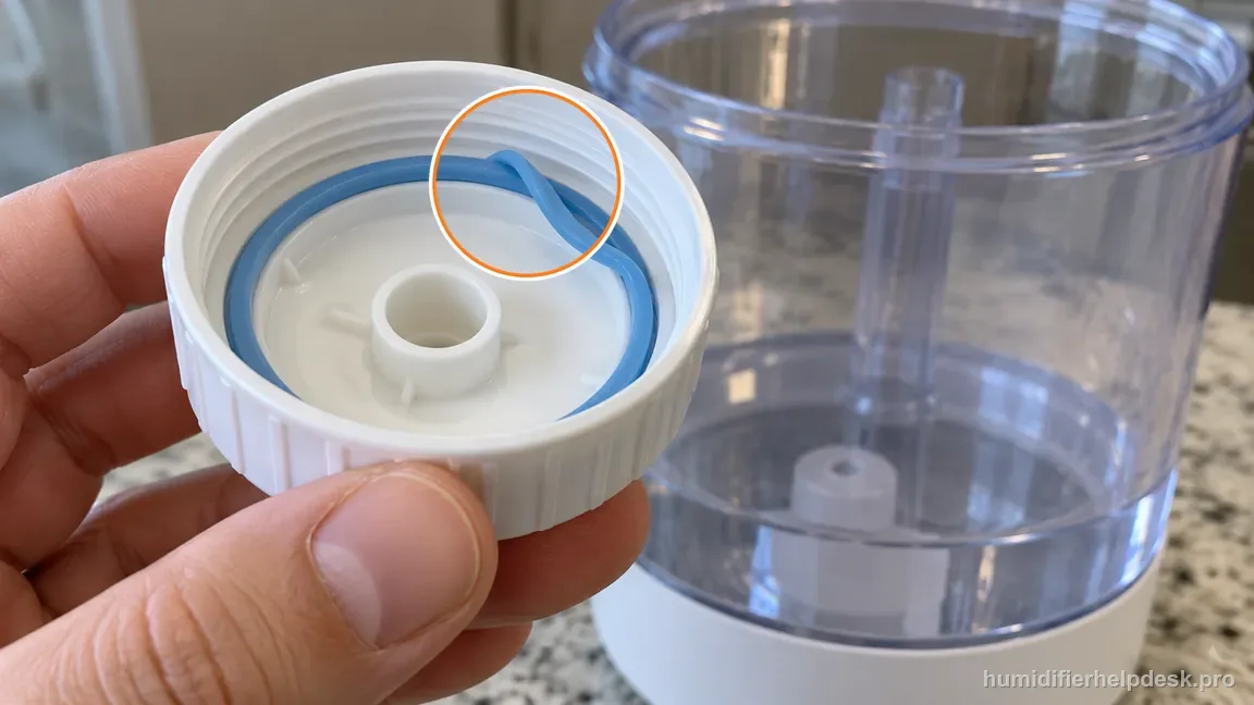 The PEHUMIDIF cap has a blue seal ring visibly lifted out of its circular groove, with the tank neck behind it.
