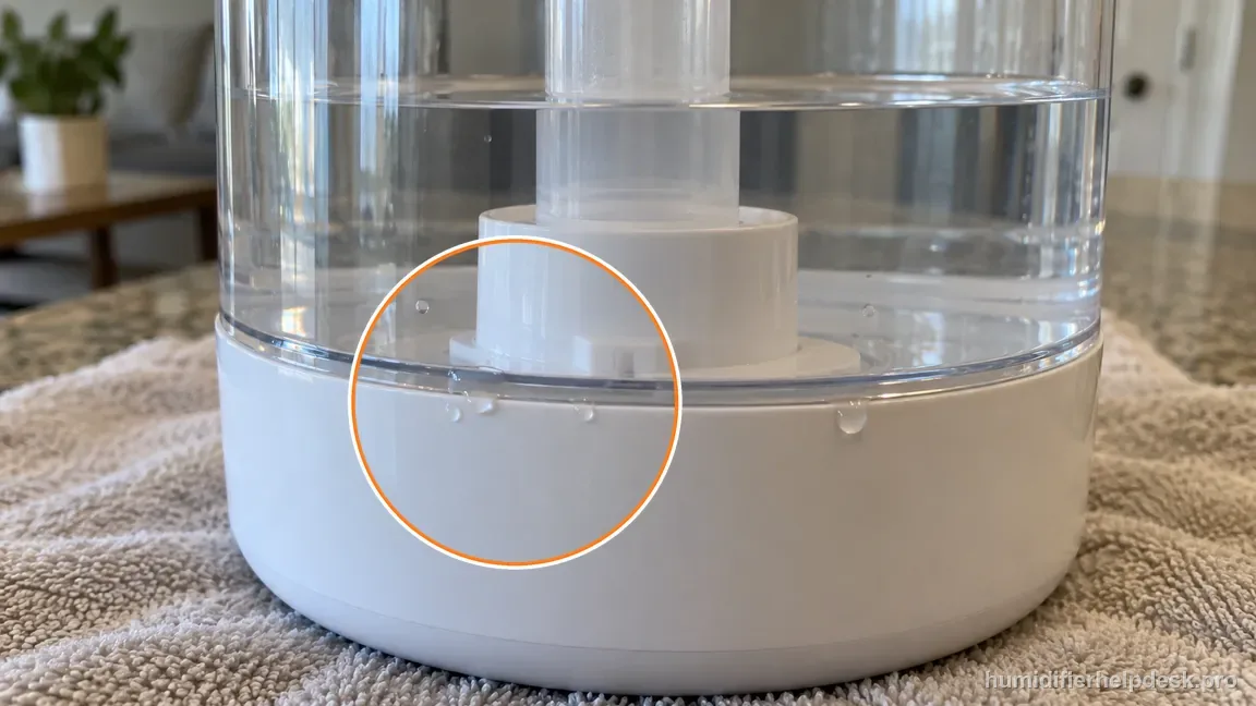 Water droplets appear along the PEHUMIDIF tank-cap seam after the blue seal ring has been reseated.