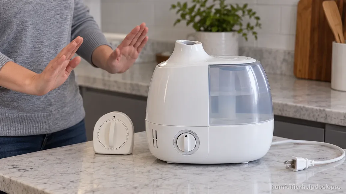 The Vicks V750-style warm-mist humidifier control knob is turned fully off after the refill light appears, with the unit unplugged nearby.