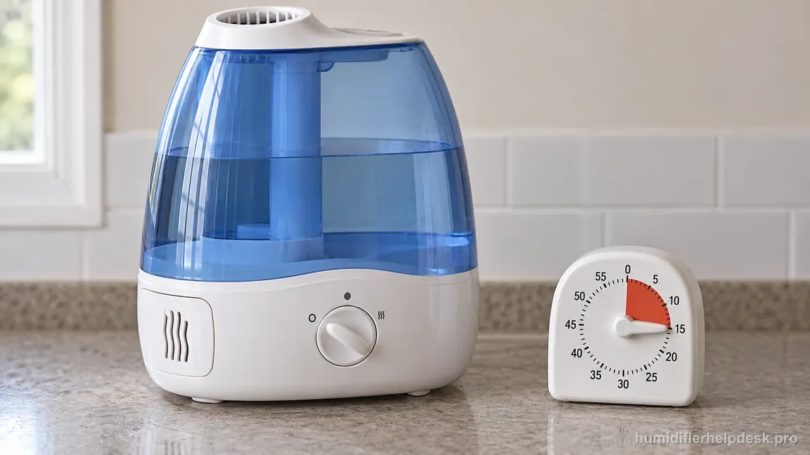 A Vicks V750-style humidifier sits switched off beside a timer set to a full 15-minute cooldown before tank refilling.