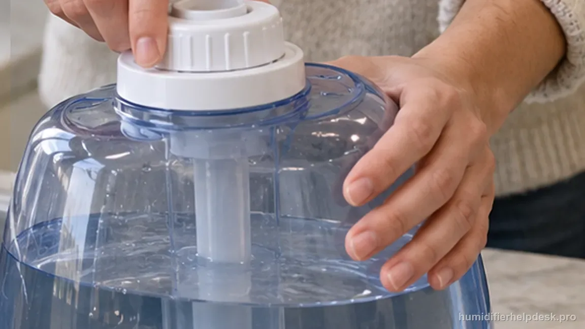 Hands reinstall the white tank cap evenly on a translucent blue humidifier tank without forcing it tight.