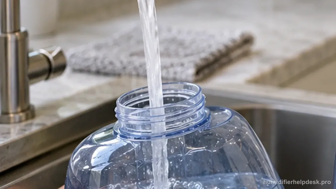 Cool water is poured into the removed translucent V750-style tank at a sink after its 15-minute cooldown.