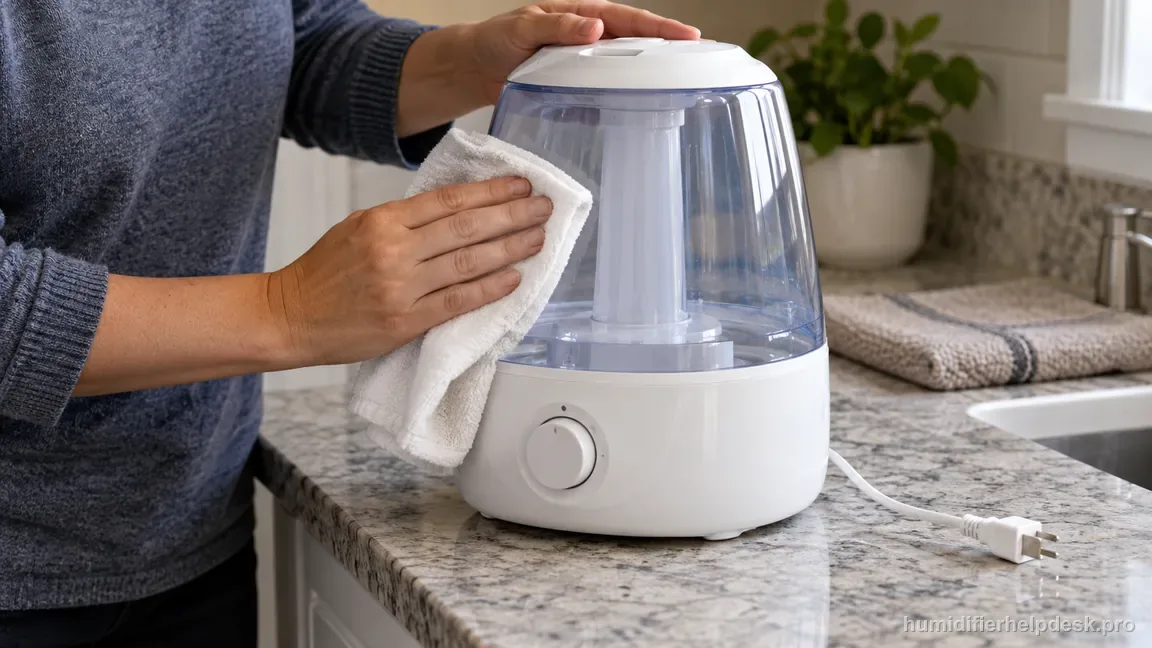 The Vicks V750 is unplugged, cool, and dry while residual water is wiped from the tank and base.