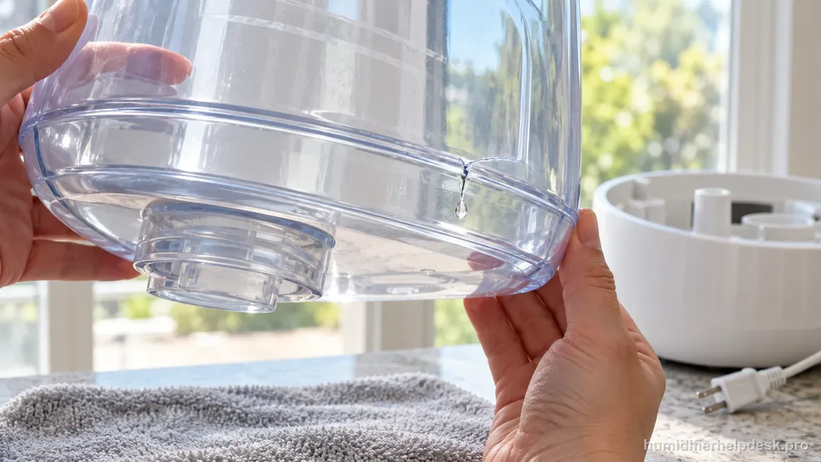 The clear Vicks V750 tank is held separately from the base to inspect a leaking crack or seam above a dry towel.