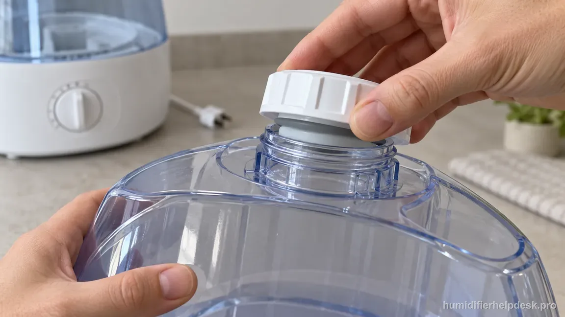 A hand threads the Vicks V750 tank cap evenly until secure with its seal in place, without using a tool.