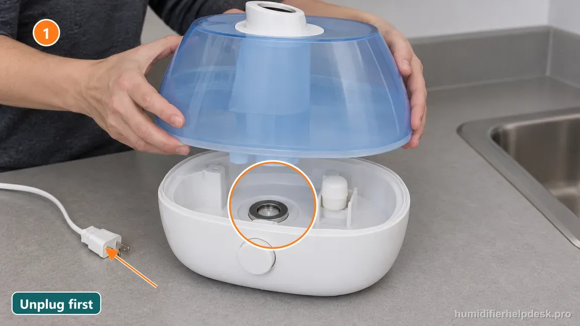 A hand lifts the translucent tank from the humidifier base after the power plug has been removed.