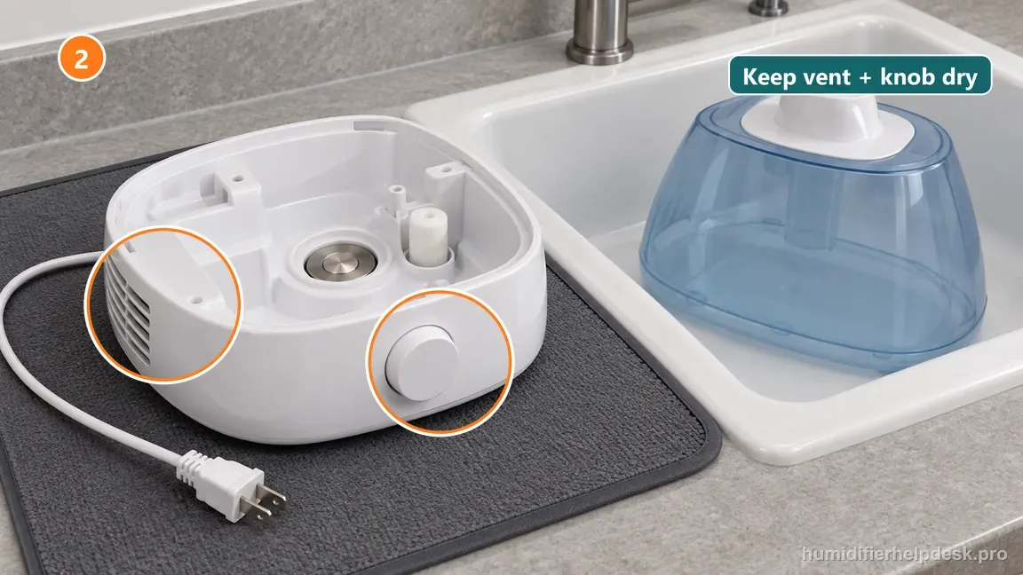 A dry protected work surface beside a sink, with the rear fan vent and front control kept away from liquid.