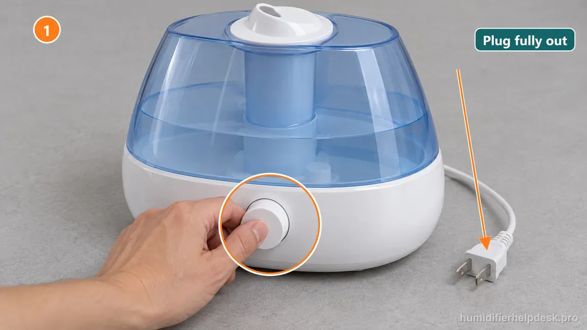 An unplugged humidifier with its power plug visibly separated from the wall outlet before scale cleaning begins.