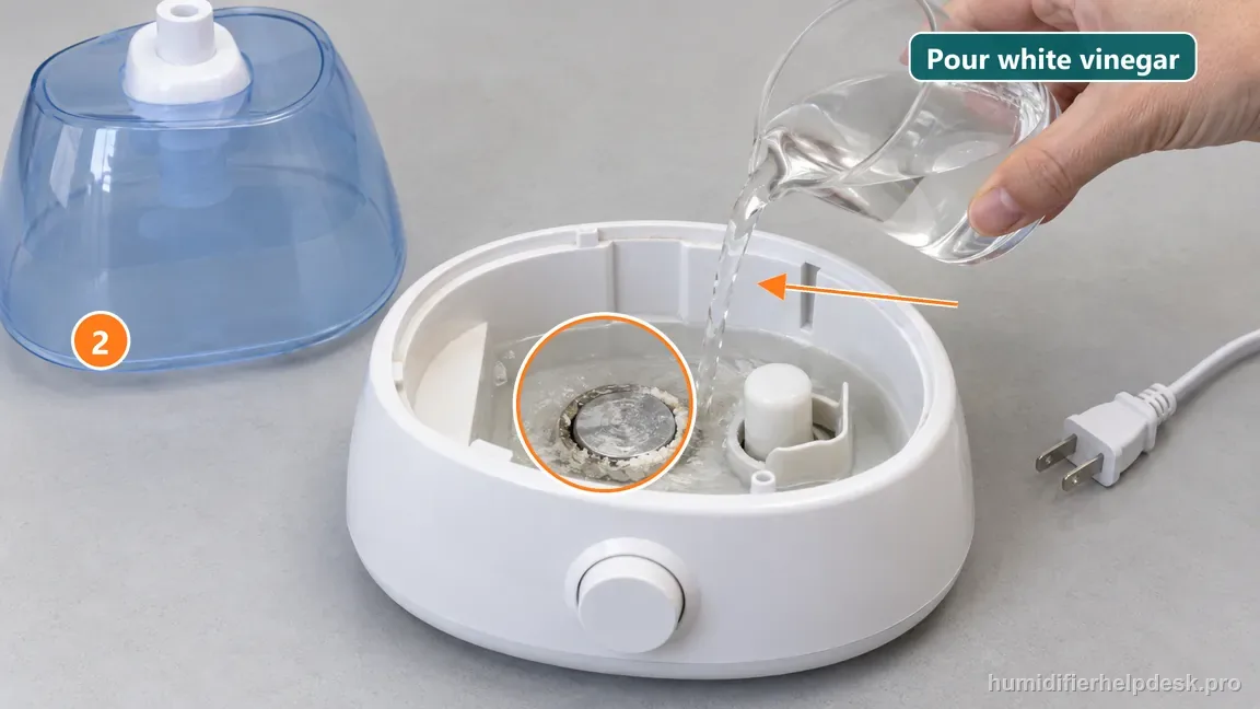 Distilled white vinegar being measured and poured into the open humidifier reservoir beside its ultrasonic disc and float.