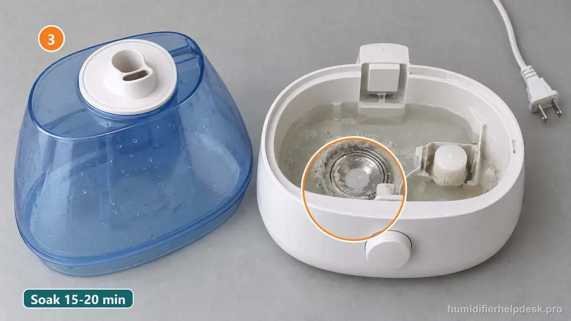 The detached humidifier tank and base reservoir soaking with vinegar, with the ultrasonic disc and float visible.