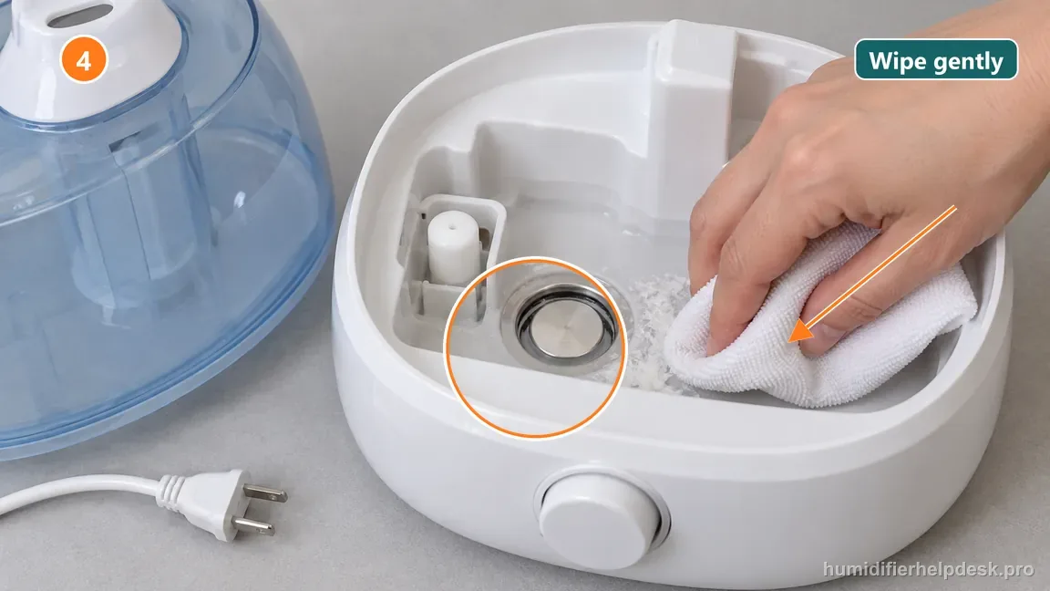 A soft cloth gently wiping loosened scale from the round ultrasonic disc and adjacent white float.