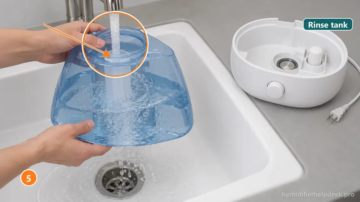 A detached translucent humidifier tank being rinsed under a faucet while the white base stays dry.