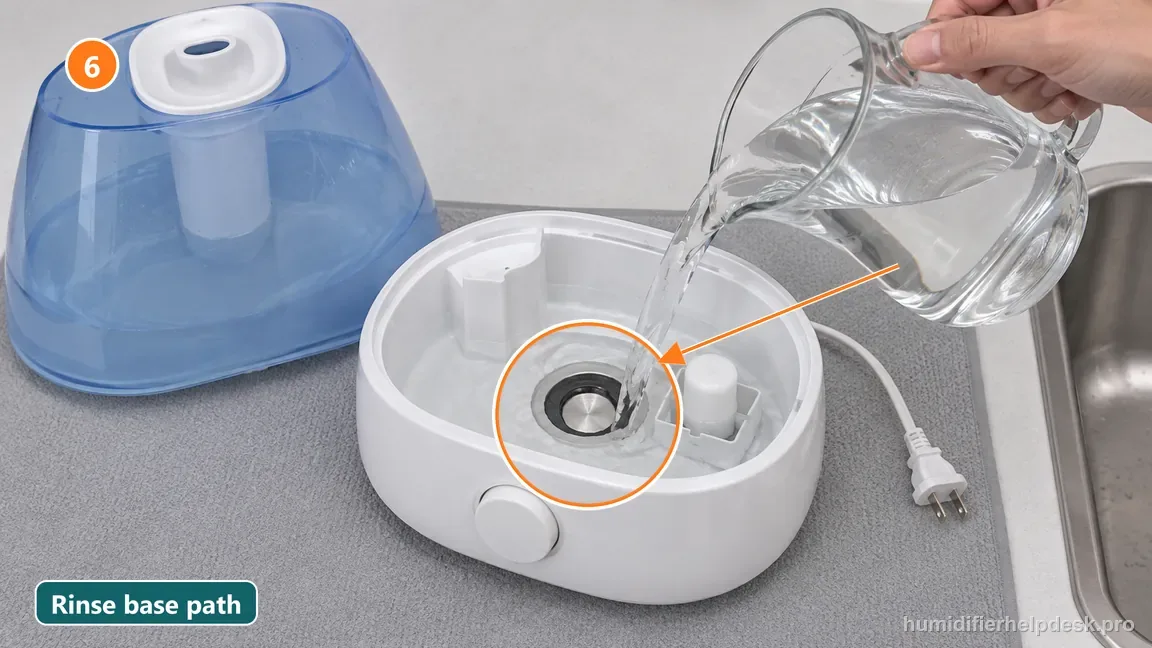 Fresh water being carefully used to rinse the shallow reservoir around the ultrasonic disc and float.