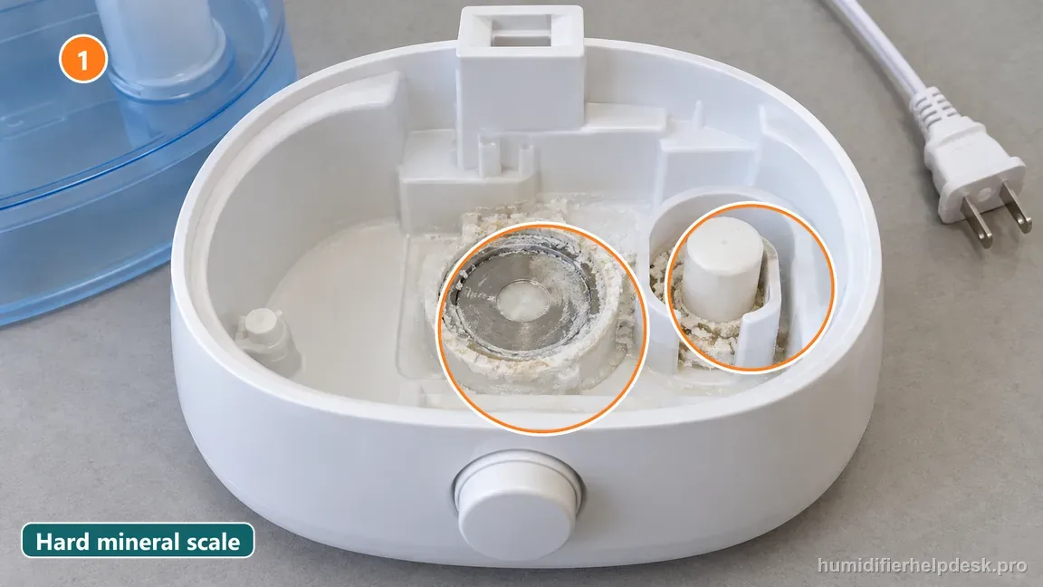 White mineral crust is visible around the humidifier ultrasonic disc and small float in the open reservoir.