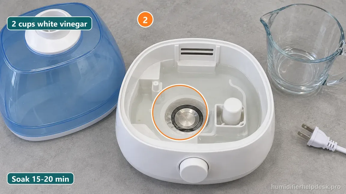 A measured amount of distilled white vinegar is added to the humidifier water path for a timed soak.