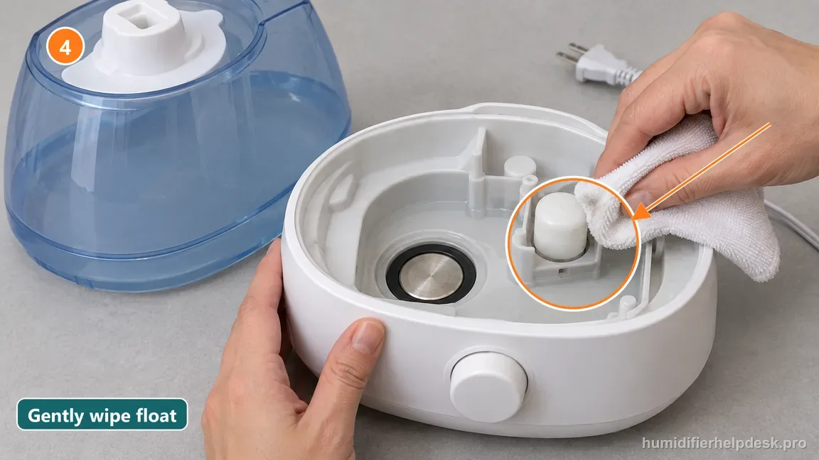 A soft cloth wipes the humidifier float gently while the vinegar-soaked reservoir remains visible.