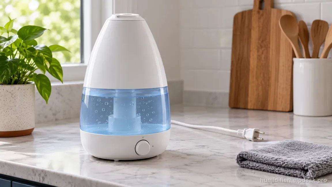 The Vicks humidifier is switched off and unplugged on a dry counter, with its cord kept away from the inspection area.