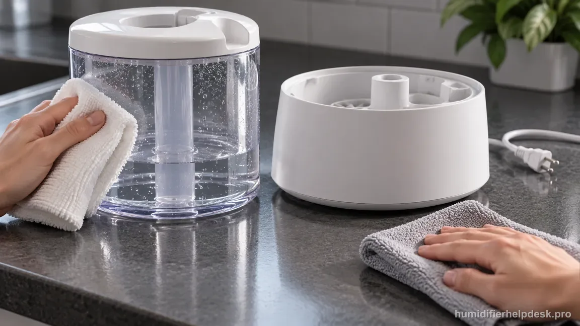 The Vicks VUL585 is unplugged while its detached tank and dry base are carefully wiped on a water-resistant counter.