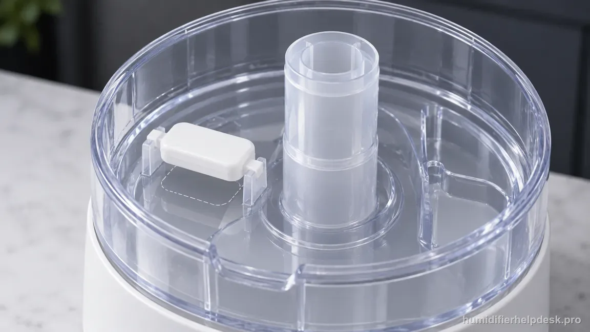 A white float paddle rests loosely in the VUL585 reservoir brackets over the matching dashed alignment outline.
