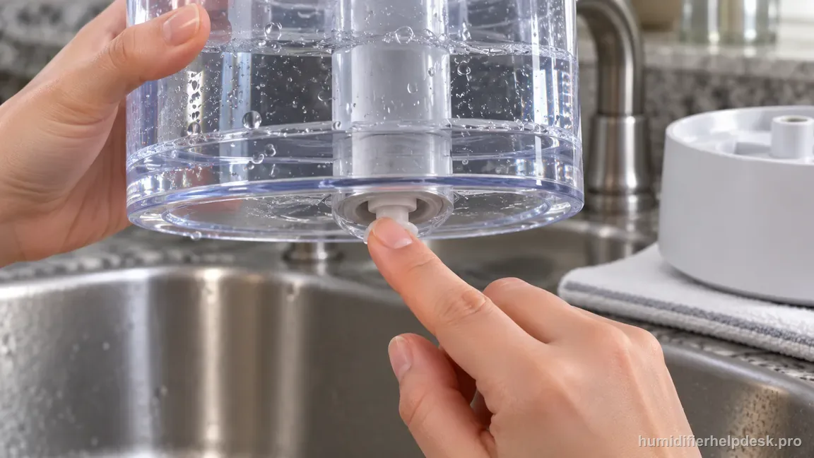 At a sink, a finger gently presses the VUL585 tank's bottom plunger while the unplugged base stays dry nearby.